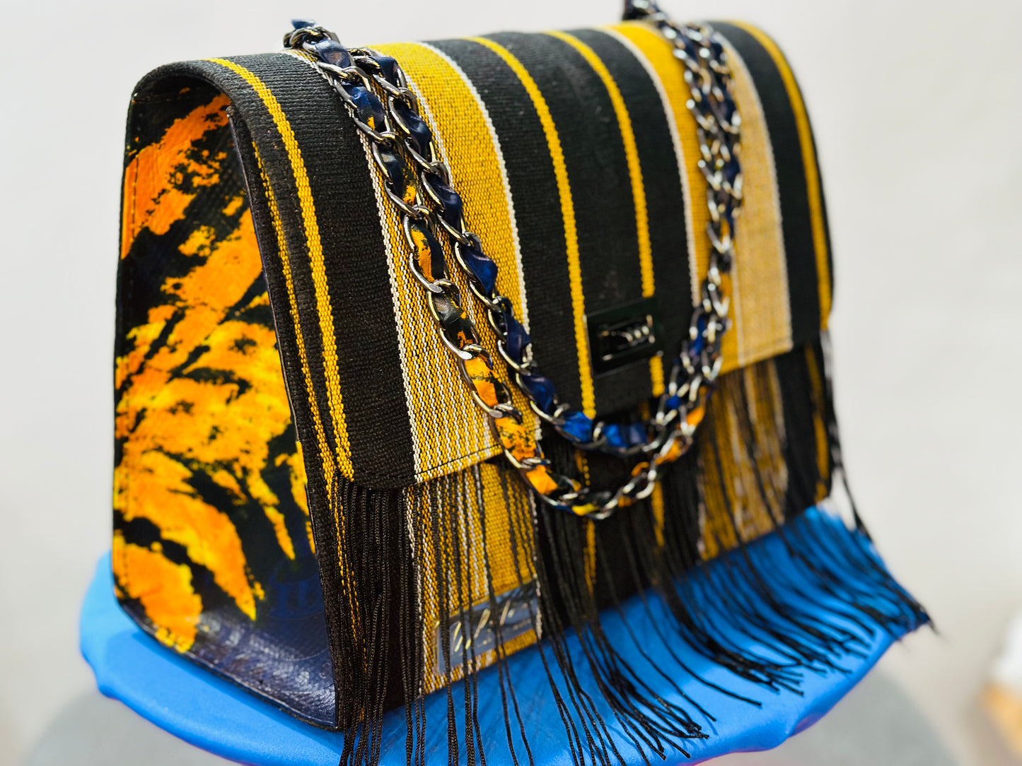 ASO OKE/ADIRE HANDBAG WITH FRINGE