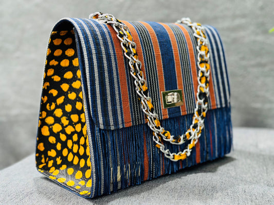 ASO OKE/ADIRE HANDBAG WITH FRINGE